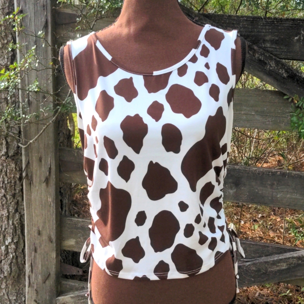 Ruby & Lace Brown & White Cow Print Tank Top Ruched on Sides & Ties on Each Side